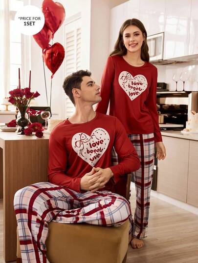 CoupledUp بيجامة مجموعة بنطلون وبلوزة طويلة الأكمام بتصميم قلب وفيونكة مع ألوان متباينة، مناسبة لفصل الخريف