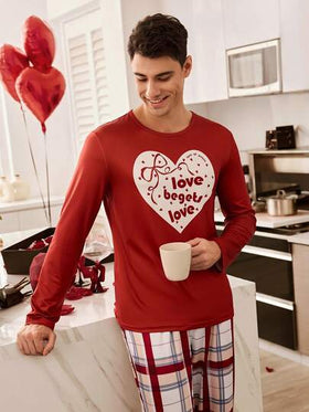 CoupledUp بيجامة مجموعة بنطلون وبلوزة طويلة الأكمام بتصميم قلب وفيونكة مع ألوان متباينة، مناسبة لفصل الخريف