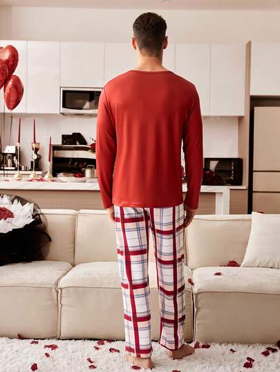 CoupledUp بيجامة مجموعة بنطلون وبلوزة طويلة الأكمام بتصميم قلب وفيونكة مع ألوان متباينة، مناسبة لفصل الخريف