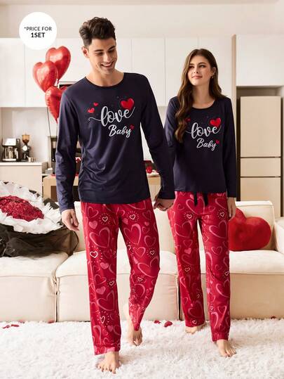 CoupledUp بيجامة كاجوال للأزواج بأكمام طويلة وبنطلون، قلب إنجليزي بألوان متباينة، موسم الخريف