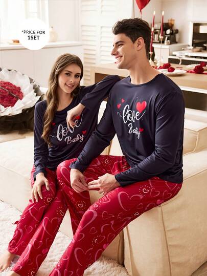 CoupledUp بيجامة كاجوال للأزواج بأكمام طويلة وبنطلون، قلب إنجليزي بألوان متباينة، موسم الخريف