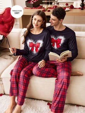 CoupledUp بيجامة رجالية مجموعة بنطلون وقميص بأكمام طويلة بتصميم قلب وفراشة بألوان متباينة للأزواج في عيد الحب
