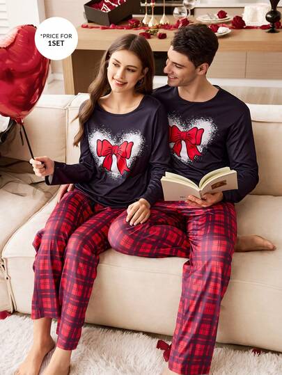 CoupledUp بيجامة رجالية مجموعة بنطلون وقميص بأكمام طويلة بتصميم قلب وفراشة بألوان متباينة للأزواج في عيد الحب