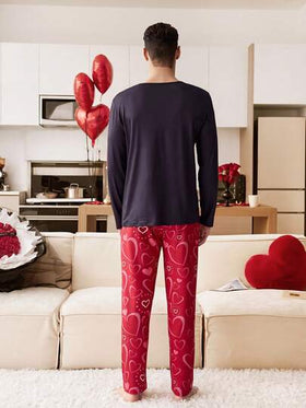 CoupledUp بيجامة كاجوال للأزواج بأكمام طويلة وبنطلون، قلب إنجليزي بألوان متباينة، موسم الخريف