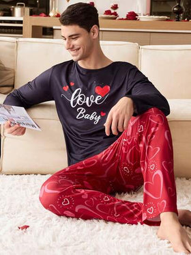CoupledUp بيجامة كاجوال للأزواج بأكمام طويلة وبنطلون، قلب إنجليزي بألوان متباينة، موسم الخريف