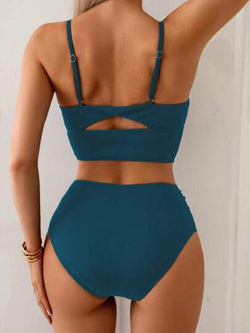 SHEIN Swim سراويل قصيرة بخصر عالي وقماش مموج للتحكم في البطن،مجموعة بكيني سامي سوداء،ملابس سباحة صيفية كاجوال