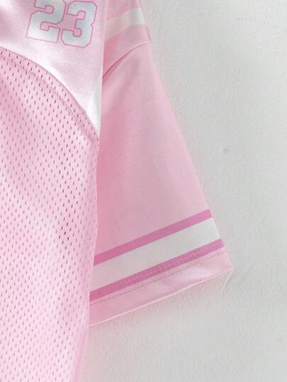 SHEIN قميص كاجوال فضفاض بياقة على شكل حرف V مع رقم تباين للبنات، مجموعات متطابقة للأم والابنة، عطلة، صيف، سفر