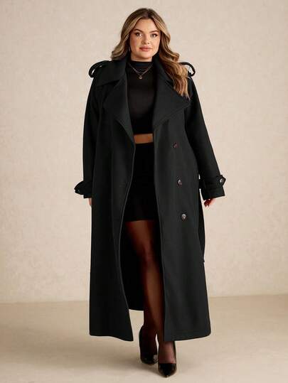 SHEIN CURVE+ معطف طويل أزرار أمامية بسيط أكمام طويلة للنساء المقاسات الكبيرة باللون البرغندي، معطف صوفي طويل كاجوال رجعي باللون البرغندي، ملابس شتوية سميكة دافئة مجوفة، ملابس نساء لعيد الشكر، ملابس نساء لعيد الهالوين، معطف نساء طويل للشتاء، ملابس نساء لعي