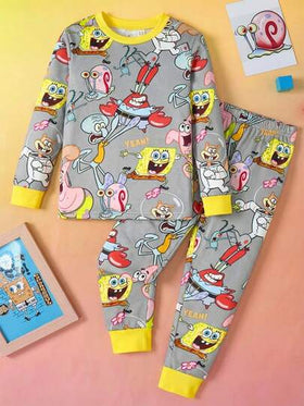 SpongeBob SquarePants | SHEIN مجموعة بيجاما مكونة من قميص بأكمام طويلة وبنطال، طباعة كاملة بتصميم الفتى الكرتوني، قطن مرن عالي المطاطية، مناسب للارتداء اليومي، قطعتان