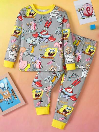 SpongeBob SquarePants | SHEIN مجموعة بيجاما مكونة من قميص بأكمام طويلة وبنطال، طباعة كاملة بتصميم الفتى الكرتوني، قطن مرن عالي المطاطية، مناسب للارتداء اليومي، قطعتان