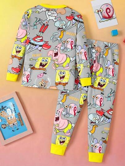SpongeBob SquarePants | SHEIN مجموعة بيجاما مكونة من قميص بأكمام طويلة وبنطال، طباعة كاملة بتصميم الفتى الكرتوني، قطن مرن عالي المطاطية، مناسب للارتداء اليومي، قطعتان