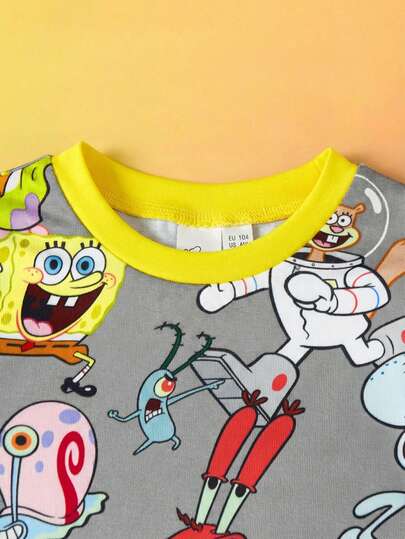 SpongeBob SquarePants | SHEIN مجموعة بيجاما مكونة من قميص بأكمام طويلة وبنطال، طباعة كاملة بتصميم الفتى الكرتوني، قطن مرن عالي المطاطية، مناسب للارتداء اليومي، قطعتان