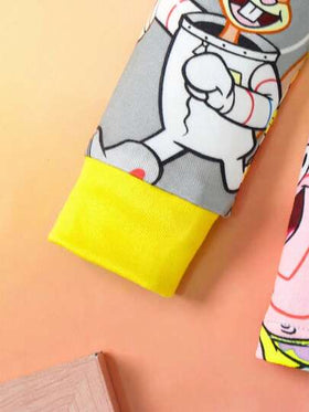 SpongeBob SquarePants | SHEIN مجموعة بيجاما مكونة من قميص بأكمام طويلة وبنطال، طباعة كاملة بتصميم الفتى الكرتوني، قطن مرن عالي المطاطية، مناسب للارتداء اليومي، قطعتان
