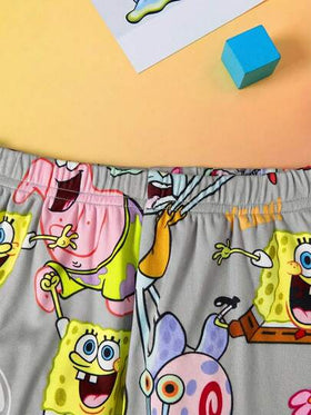 SpongeBob SquarePants | SHEIN مجموعة بيجاما مكونة من قميص بأكمام طويلة وبنطال، طباعة كاملة بتصميم الفتى الكرتوني، قطن مرن عالي المطاطية، مناسب للارتداء اليومي، قطعتان