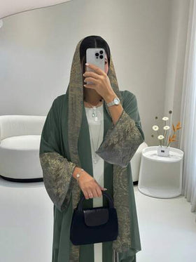 عباءات للنساء، عباءة وحجاب مزخرفة بالجاكار المرقع، فستان أخضر للنساء - أناقة شرق أوسطية بطراز رجعي، مثالي لحفلات المساء الفاخرة الداخلية، فساتين سهرة أنيقة للنساء