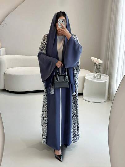 رمضان عبايات للنساء وطقم حجاب، مزينة بالنقوش، أناقة أسلوب شرقي كلاسيكي، قماش متدلٍ - مثالية لحفلات الشاي الراقية داخل المنزل، فساتين حفلات أنيقة باللون الأزرق للنساء