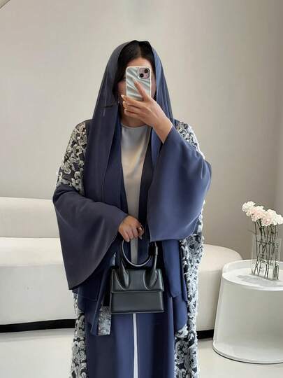 رمضان عبايات للنساء وطقم حجاب، مزينة بالنقوش، أناقة أسلوب شرقي كلاسيكي، قماش متدلٍ - مثالية لحفلات الشاي الراقية داخل المنزل، فساتين حفلات أنيقة باللون الأزرق للنساء