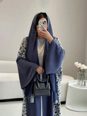 رمضان عبايات للنساء وطقم حجاب، مزينة بالنقوش، أناقة أسلوب شرقي كلاسيكي، قماش متدلٍ - مثالية لحفلات الشاي الراقية داخل المنزل، فساتين حفلات أنيقة باللون الأزرق للنساء