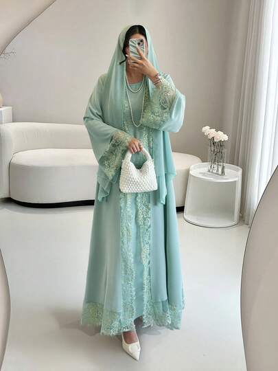 رمضان عبايات للنساء، طقم عبايات مفتوحة مع تطريز بالدانتيل، فستان داخلي بدون أكمام وطرحة شيفون - خفيفة الوزن، محتشمة وقابلة للتنفس للربيع/الصيف، فساتين سهرة أنيقة للنساء