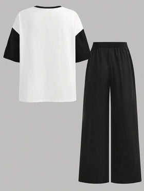 SHEIN مجموعة بنطلون وتي شيرت فضفاض بتصميم أبيض وأسود للبنات المراهقات، تي شيرت بياقة طاقم وأكمام قصيرة، بنطلون ساق واسعة، مناسب للمدرسة والرياضة