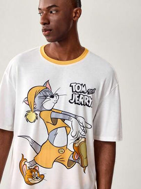 TOM & JERRY X SHEIN طقم ملابس داخلية مريحة للرجال مكون من بنطلون وتي شيرت بأكمام قصيرة مطبوع عليه رسوم كرتونية، للصيف