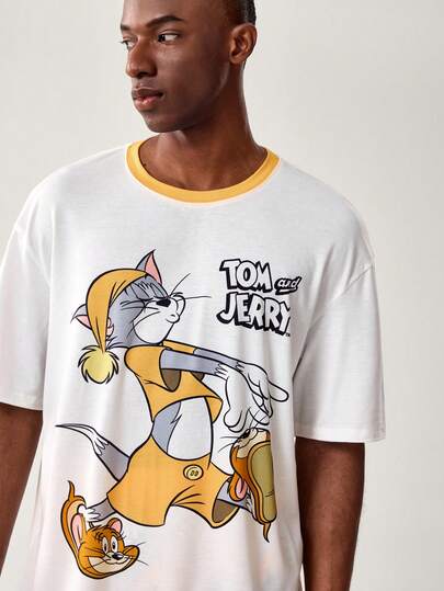 TOM & JERRY X SHEIN طقم ملابس داخلية مريحة للرجال مكون من بنطلون وتي شيرت بأكمام قصيرة مطبوع عليه رسوم كرتونية، للصيف