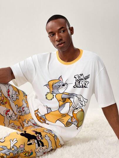 TOM & JERRY X SHEIN طقم ملابس داخلية مريحة للرجال مكون من بنطلون وتي شيرت بأكمام قصيرة مطبوع عليه رسوم كرتونية، للصيف