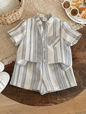 LMoss Kids طقم قميص مخطط عادي وشورت للأطفال الصبيان قطعتان