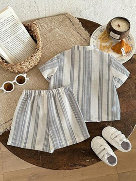 LMoss Kids طقم قميص مخطط عادي وشورت للأطفال الصبيان قطعتان