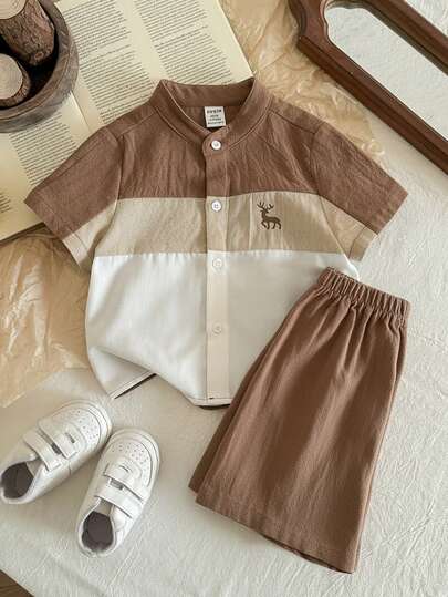 LMoss Kids طقم ملابس علوية بولو قصير الأكمام مع ألوان متباينة وياقة بولو مع شورت خصر مطاطي أزرق داكن، طراز كاجوال مناسب للخروجات والمنزل والمدرسة