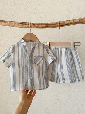 LMoss Kids طقم قميص مخطط عادي وشورت للأطفال الصبيان قطعتان