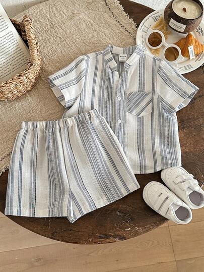 LMoss Kids طقم قميص مخطط عادي وشورت للأطفال الصبيان قطعتان