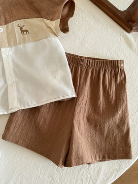 LMoss Kids طقم ملابس علوية بولو قصير الأكمام مع ألوان متباينة وياقة بولو مع شورت خصر مطاطي أزرق داكن، طراز كاجوال مناسب للخروجات والمنزل والمدرسة