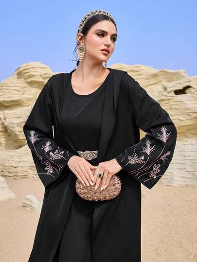 Al Najma رمضان عباءة نسائية فضفاضة مطرزة بالزهور مع كابوشون