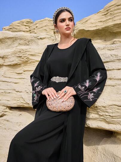 Al Najma رمضان عباءة نسائية فضفاضة مطرزة بالزهور مع كابوشون