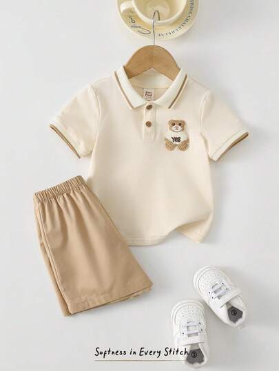 Cozy Pixies مجموعة ملابس علوية بياقة بولو وشورت بخصر مطاطي بنقشة الدب الكرتوني للأطفال الصبيان، قطعتان