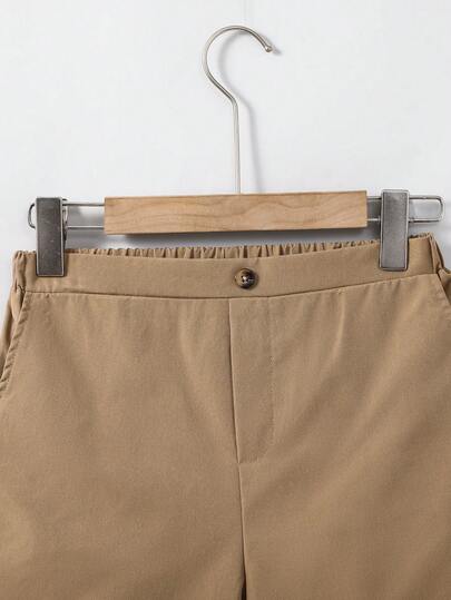 SHEIN شورت كاجوال بخصر مطاطي للأولاد المراهقين باللون الخاكي، مناسب لحفلات عيد الميلاد، المناسبات المسائية، الحفلات، حفلات الزفاف، ضيوف الزفاف، صبي الحلقة، حامل الزهور