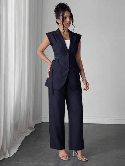 Modelyn مجموعة قطعتين أنيقة عصرية للنساء من قماش الخيزران مع ربطة جانبية للخصر، تصميم أزياء، بدلة صيفية للنساء