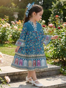 SHEIN فستان طويل عربي تقليدي بطبعة زهرية كلاسيكية عتيقة، مناسب للربيع والصيف، فستان بناتي، فستان مراهقات، فستان، فستان بياقة على شكل حرف V وأكمام طويلة مرقعة