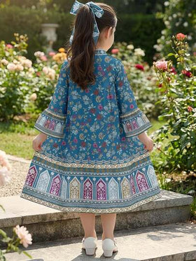 SHEIN فستان طويل عربي تقليدي بطبعة زهرية كلاسيكية عتيقة، مناسب للربيع والصيف، فستان بناتي، فستان مراهقات، فستان، فستان بياقة على شكل حرف V وأكمام طويلة مرقعة