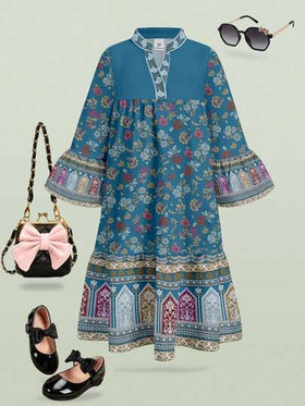 SHEIN فستان طويل عربي تقليدي بطبعة زهرية كلاسيكية عتيقة، مناسب للربيع والصيف، فستان بناتي، فستان مراهقات، فستان، فستان بياقة على شكل حرف V وأكمام طويلة مرقعة
