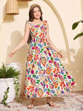 SHEIN رمضان فستان ماكسي أنيق للمراهقات بطبعة زهرية، رقبة مربعة وأكمام متدلية، مشدود الخصر، لموسم الربيع والصيف والعطلات