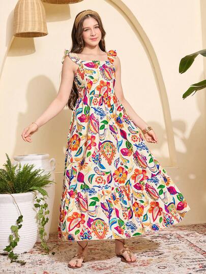 SHEIN رمضان فستان ماكسي أنيق للمراهقات بطبعة زهرية، رقبة مربعة وأكمام متدلية، مشدود الخصر، لموسم الربيع والصيف والعطلات