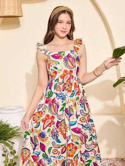 SHEIN رمضان فستان ماكسي أنيق للمراهقات بطبعة زهرية، رقبة مربعة وأكمام متدلية، مشدود الخصر، لموسم الربيع والصيف والعطلات