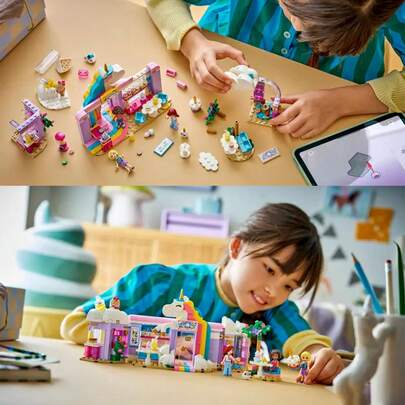 LEGO مجموعة ألعاب بناء كتل أصدقاء كافيه حلم وحيد القرن، مناسبة للبنات والأولاد فوق 6 سنوات، تشمل ألوان قوس وأليا وإيزي ميني فيجرات وإكسسوارات، فكرة هدية عيد ميلاد إبداعية - 42684