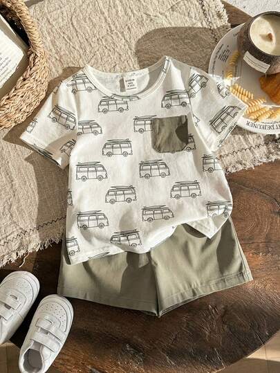 LMoss Kids مجموعة قميص وشورت كاجوال كرتونية جميلة للأطفال الصبيان، 2 قطعة