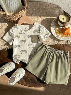 LMoss Kids مجموعة قميص وشورت كاجوال كرتونية جميلة للأطفال الصبيان، 2 قطعة