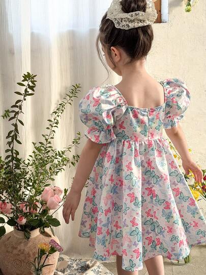 LMoss Kids فستان مطرز بياقة مربعة مناسب للفتاة الصغيرة مصنوع من شبكة منسوجة