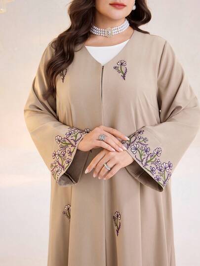 Al Najma رمضان عباءة كاجوال طويلة الأكمام مطرزة بالزهور للنساء ذوات الأحجام الكبيرة