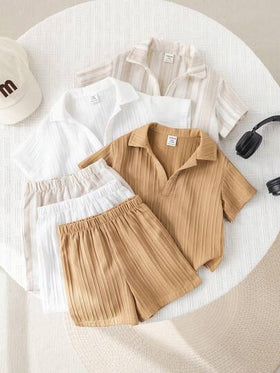 SHEIN 6 قطع/مجموعة ملابس صيفية كاجوال للأطفال الصبية، قميص بولو مخطط قصير الأكمام وشورت بخصر مطاطي، مناسبة لحفلات عيد الميلاد والحفلات المسائية والأعراس وحفلات استقبال المواليد وعيد الميلاد الأول